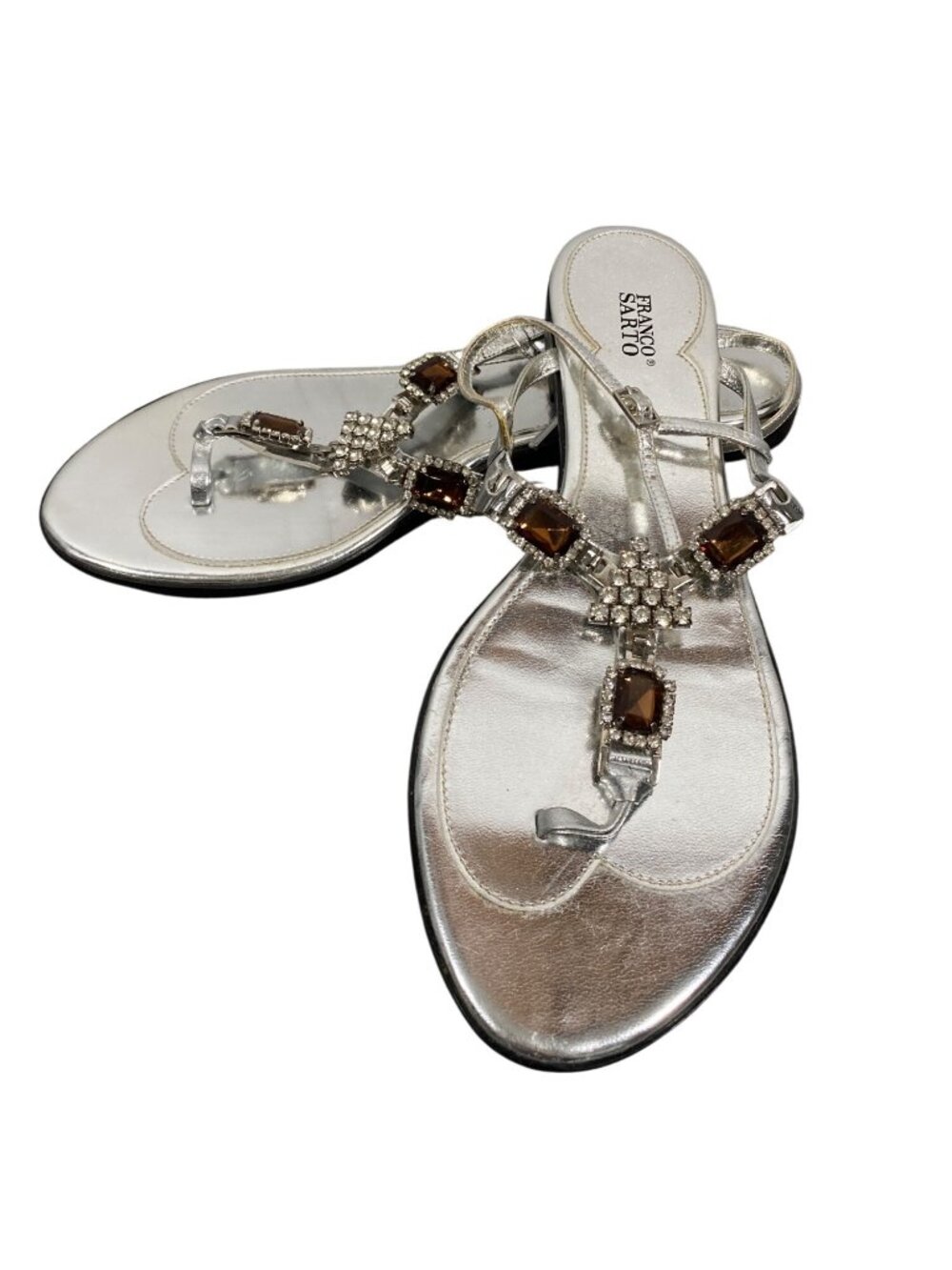 Franco Sarto Silver Metallic Sandals With Rhinestone & Brown Gem Accents Size 9M